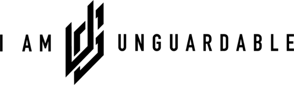 Black text reading 'I AM UNGUARDABLE' with a stylized geometric emblem, shown on a solid black background.